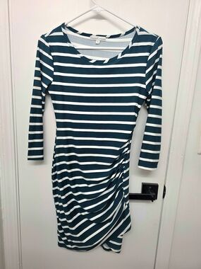 Moss & Spy Green and White Striped Long Sleeve Ruched Dress